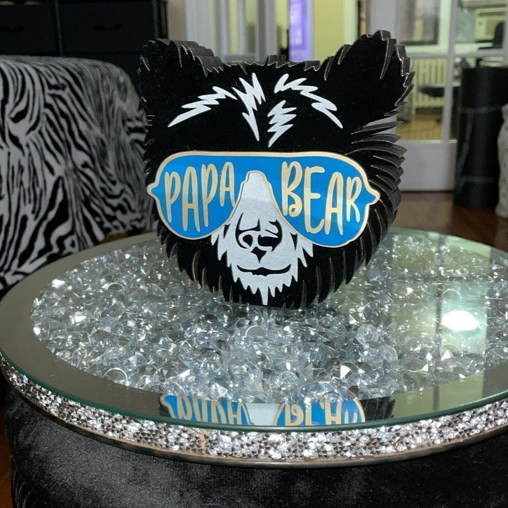 Felt soft black velvet Papa bear with shades wooden desk